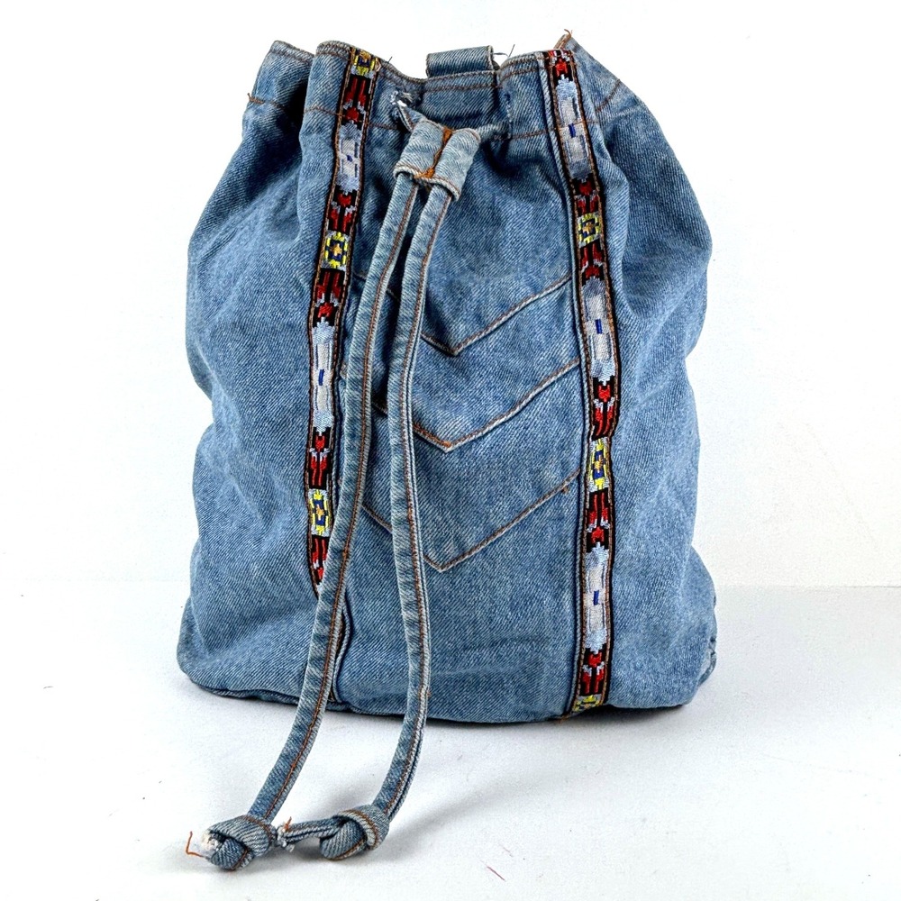 Shane Denim Drawstring Backpack Bag Boho Festival… - image 1
